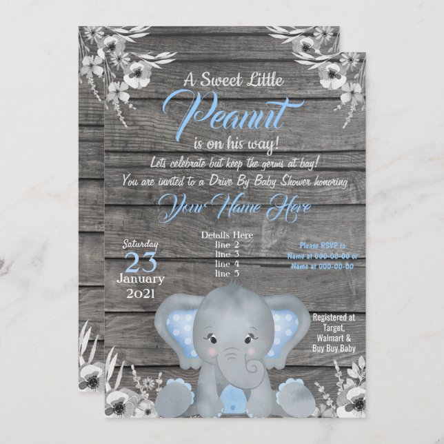 Invitation de Baby shower d'éléphant de garçon ble (Devant / Derrière)