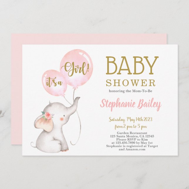 Invitation de Baby shower d'éléphant rose (Devant / Derrière)