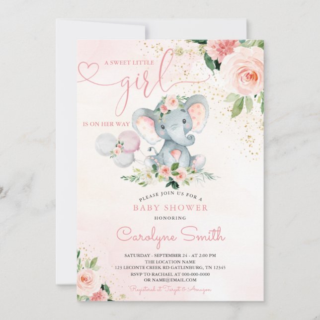 Invitation de Baby shower d'éléphant rose (Devant)