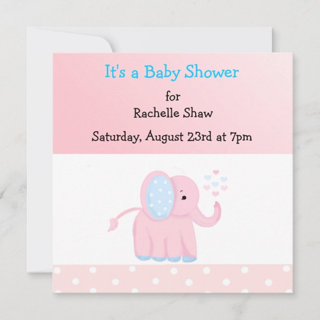 Invitation de Baby shower d'éléphant rose doux (Devant)