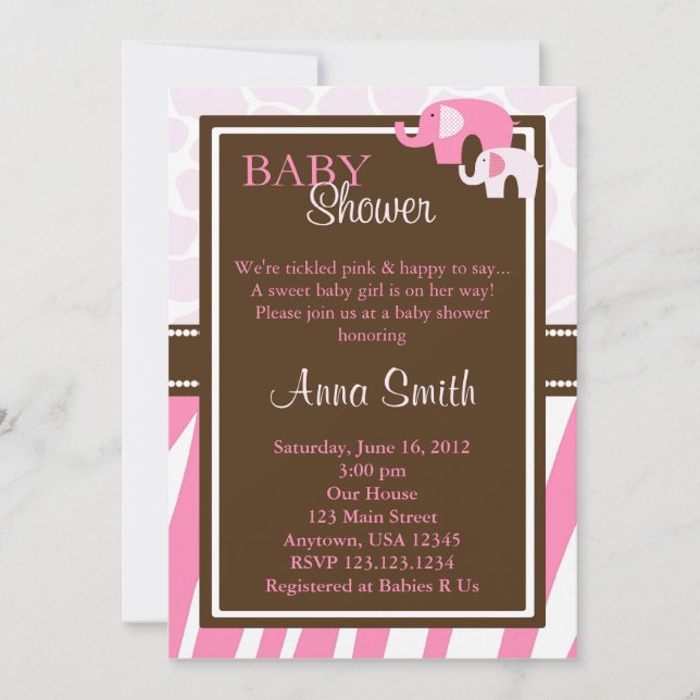 Invitation de Baby shower d'éléphant rose vertical (Devant)