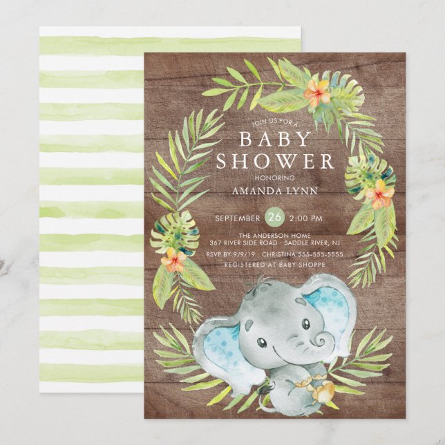 Invitation de Baby shower d'éléphant rustique (Devant / Derrière)