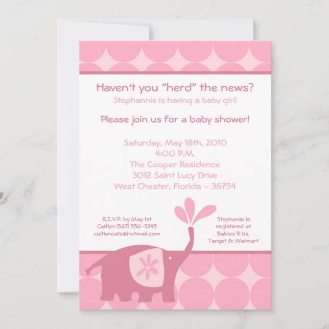 Invitation de Baby shower d'éléphants roses 5 x 7 (Devant)