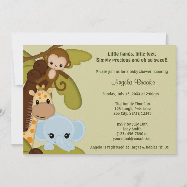 Invitation de Baby shower des animaux de la jungle (Devant)