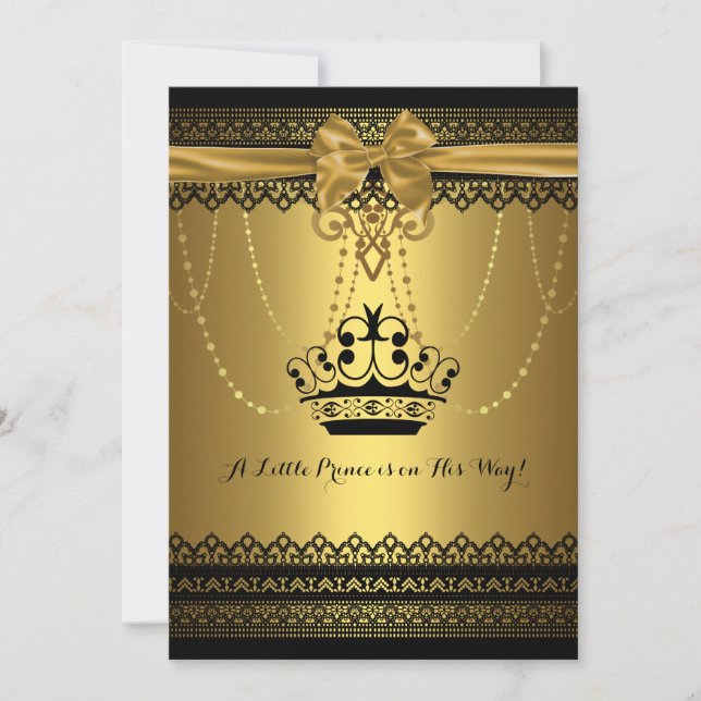 Invitation de Baby shower d'or et de couronne noir (Devant)