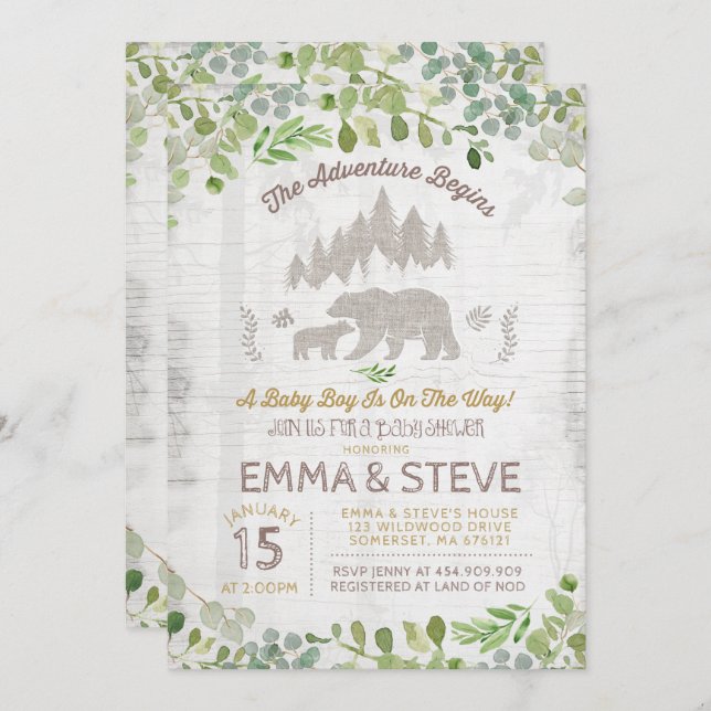 Invitation de Baby shower d'ours L'aventure commen (Devant / Derrière)