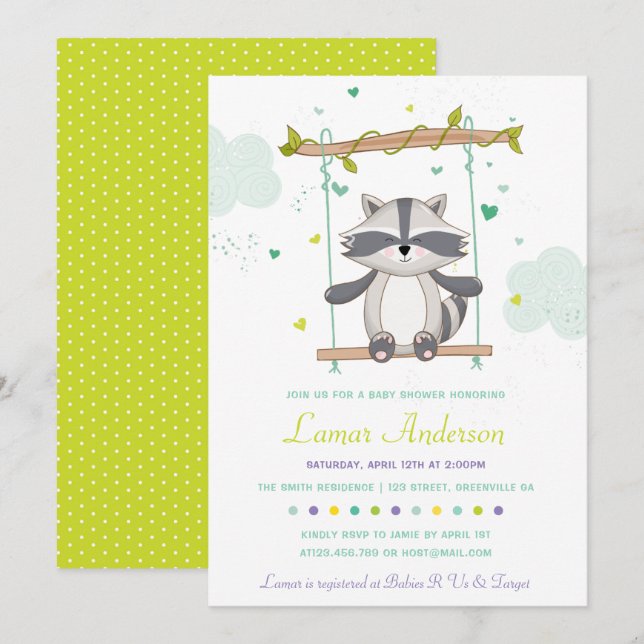 Invitation de Baby shower du Raccoon Cute (Devant / Derrière)