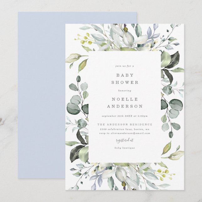 Invitation de Baby shower Dusty Blue Florals (Devant / Derrière)