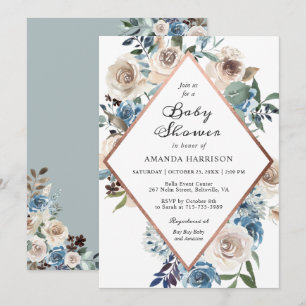 Invitation de Baby Shower Dusty Blue Rose Gold