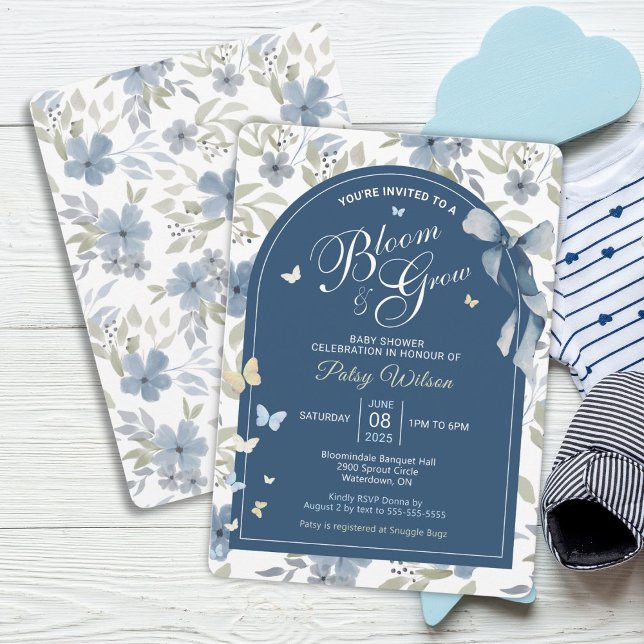 Invitation de Baby shower en fleurs et croissance (Blue Floral Bloom and Grow Baby Shower Invitation)