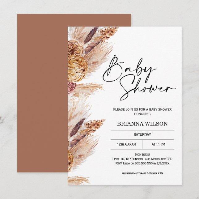 Invitation de Baby shower en laiton Boho Pampas (Devant / Derrière)
