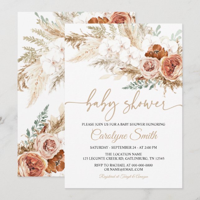 Invitation de Baby shower en laiton Pampas modifia (Devant / Derrière)