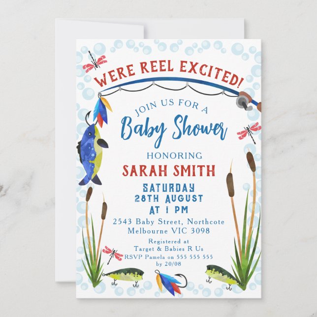 Invitation de Baby shower excitée Reel de pêche (Devant)