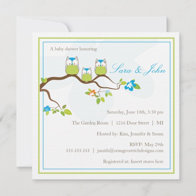 Invitation de baby shower - famille de hibou (Devant)