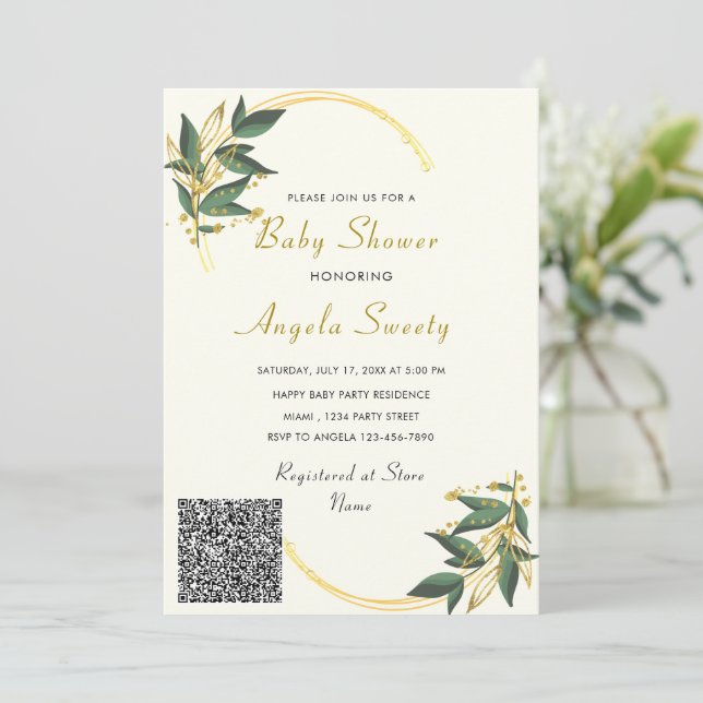 Invitation de Baby shower Feuilles d'or du code QR (Debout devant)