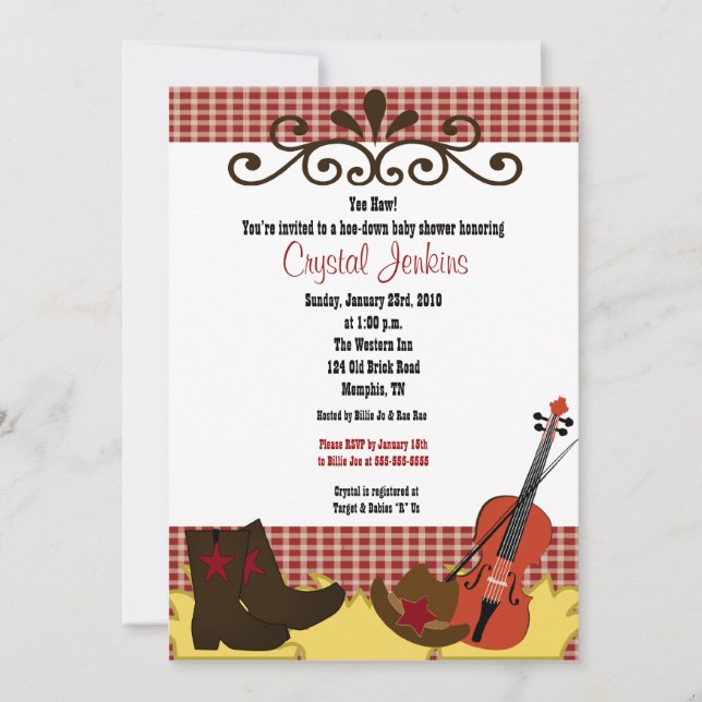 Invitation de Baby shower Fiddle, Casquette & Boot (Devant)