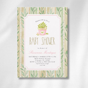 Invitation de Baby Shower Fille aux Feuilles Rayée