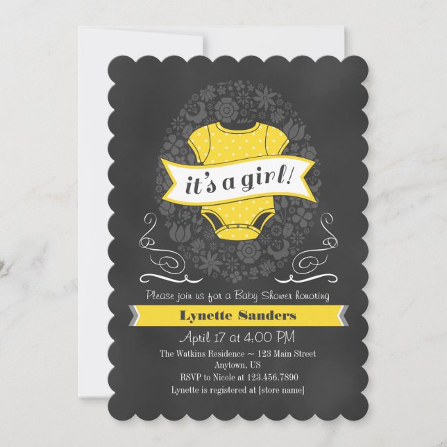 Invitation de Baby shower fille en tableau jaune (Devant)