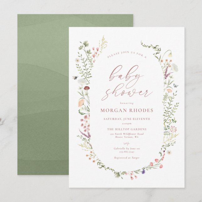 Invitation de Baby shower Fleur sauvage détaillée (Devant / Derrière)
