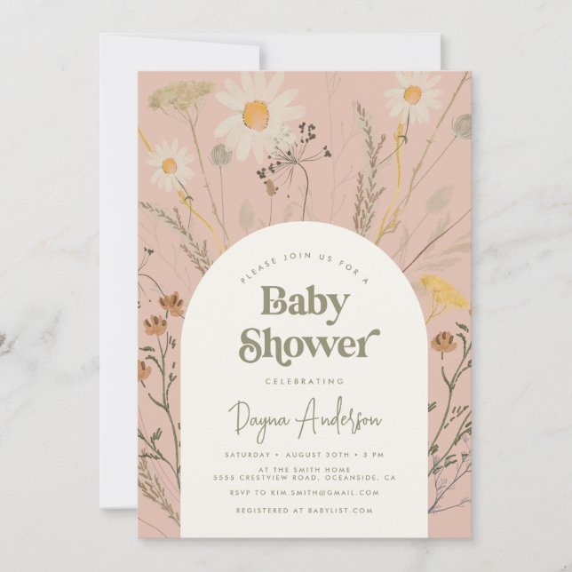 Invitation de Baby shower fleur sauvage en rose Du (Devant)