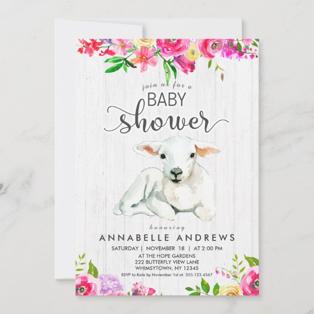 Invitation de Baby shower floral d'agneau et d'aqu (Devant)