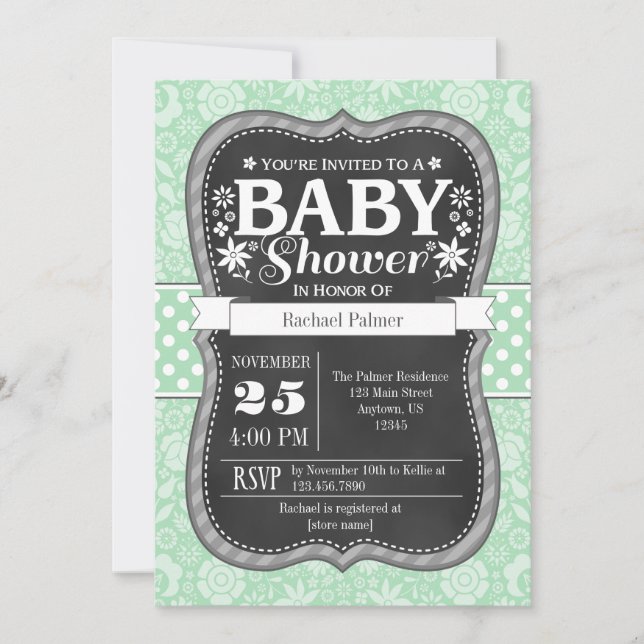 Invitation de Baby shower Floral de tableau vert à (Devant)