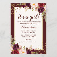 Invitation de Baby shower Floral Gold Burgundy