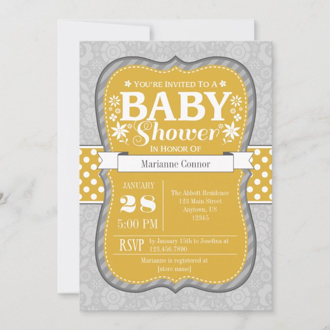 Invitation de Baby shower Floral gris-jaune or (Devant)