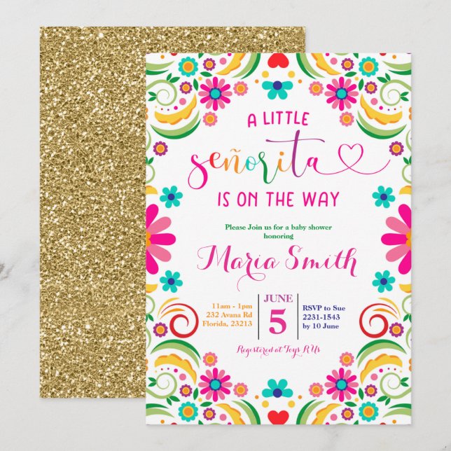 Invitation de Baby shower Floral Mexicain (Devant / Derrière)