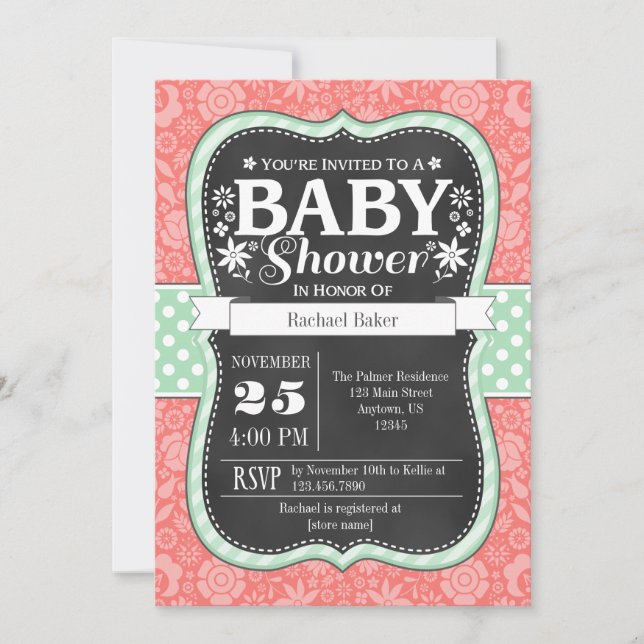 Invitation de Baby shower Floral Mint Chalkboard (Devant)