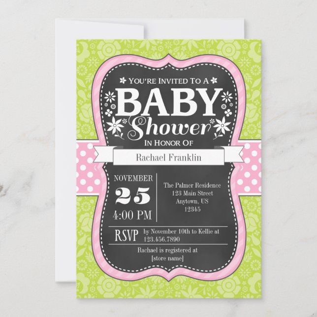 Invitation de Baby shower floral Pink Lime Chalkbo (Devant)
