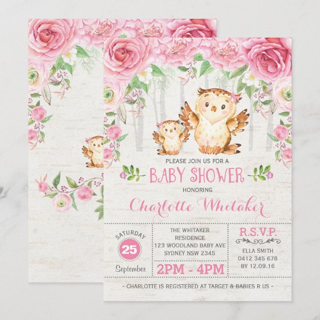 Invitation de Baby shower floral rose de la chouet (Devant / Derrière)