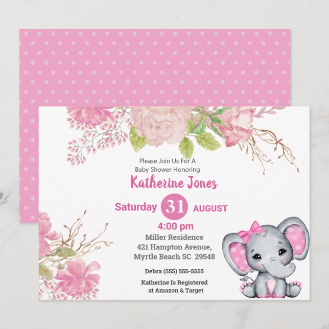 Invitation de Baby shower Floral Rose Eléphant mig (Devant / Derrière)