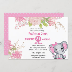 Invitation de Baby shower Floral Rose Eléphant mig
