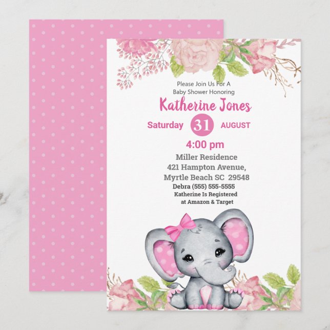 Invitation de Baby shower Floral Rose Eléphant mig (Devant / Derrière)