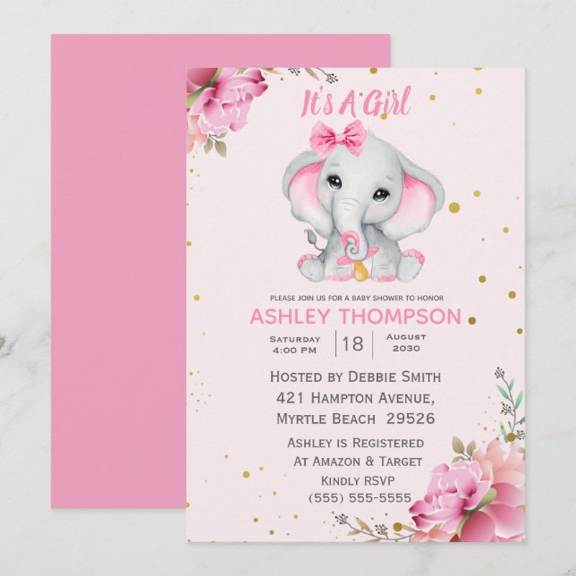 Invitation de Baby shower Floral Rose Eléphant mig (Devant / Derrière)