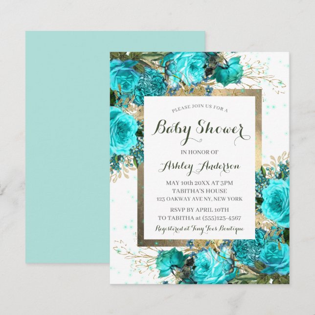 Invitation de Baby shower Floral Rose turquoise (Devant / Derrière)