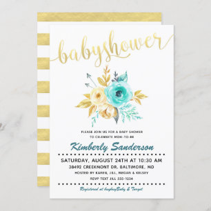 Invitation de Baby shower Floral Turquoise Gold St