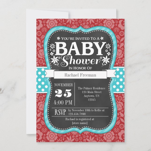 Invitation de Baby shower Floral Turquoise rouge (Devant)