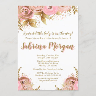 Invitation de baby shower florale en or rose