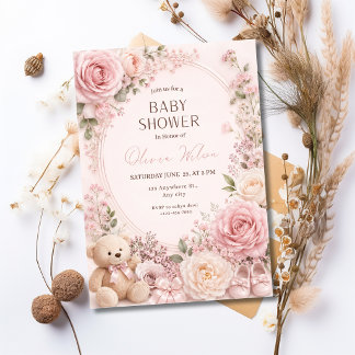 Invitation de baby shower florale rose pour fille