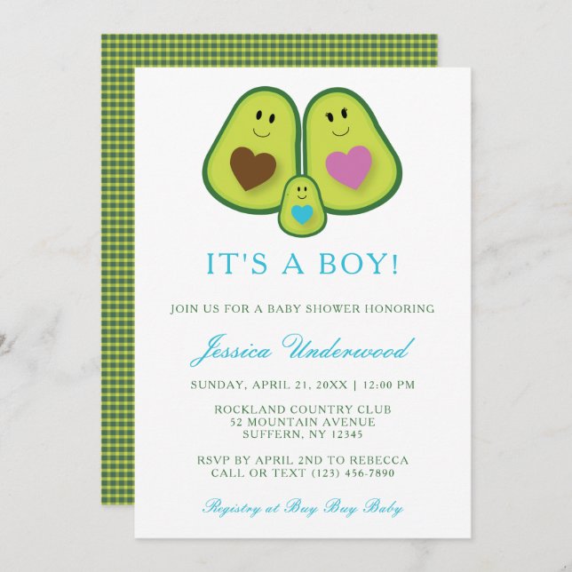 Invitation de Baby shower garçon à l'Avocado migno (Devant / Derrière)