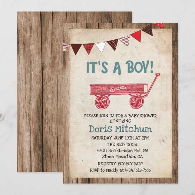 Invitation de Baby Shower Garçon Wagon Rustique Vi (Devant / Derrière)