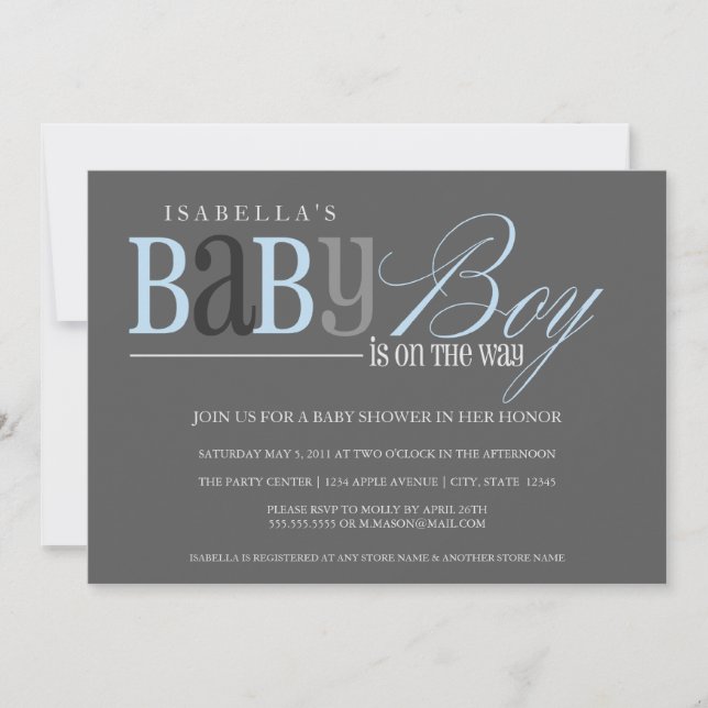 Invitation de Baby shower gris 5x7 - Bleu (Devant)