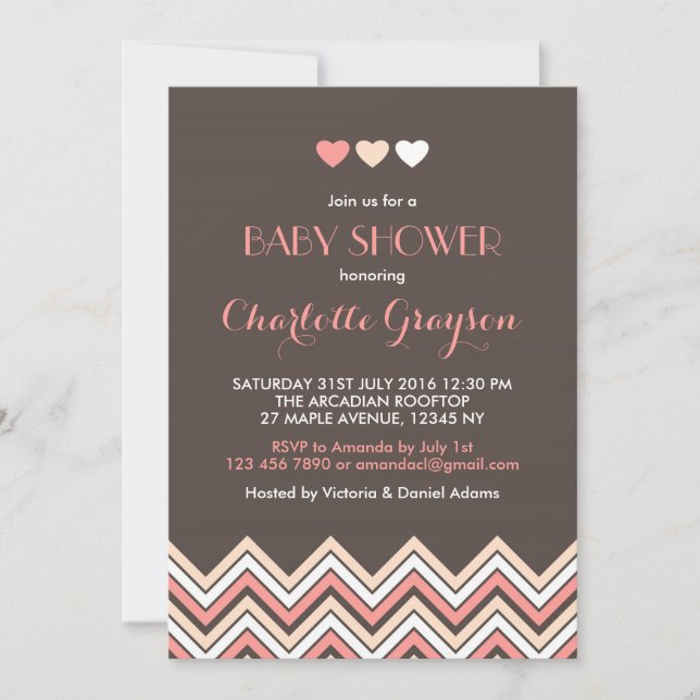 Invitation de Baby Shower Grise et Rose à Chevron (Devant)