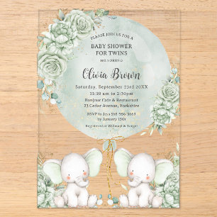 Invitation de Baby Shower Jumeaux Eléphants Florau
