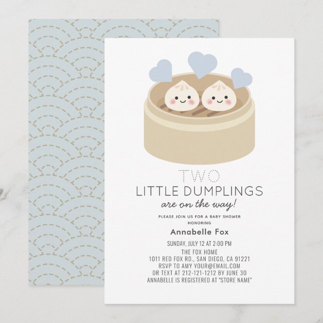 Invitation de Baby shower Little Dumpling Boy Twin (Devant / Derrière)