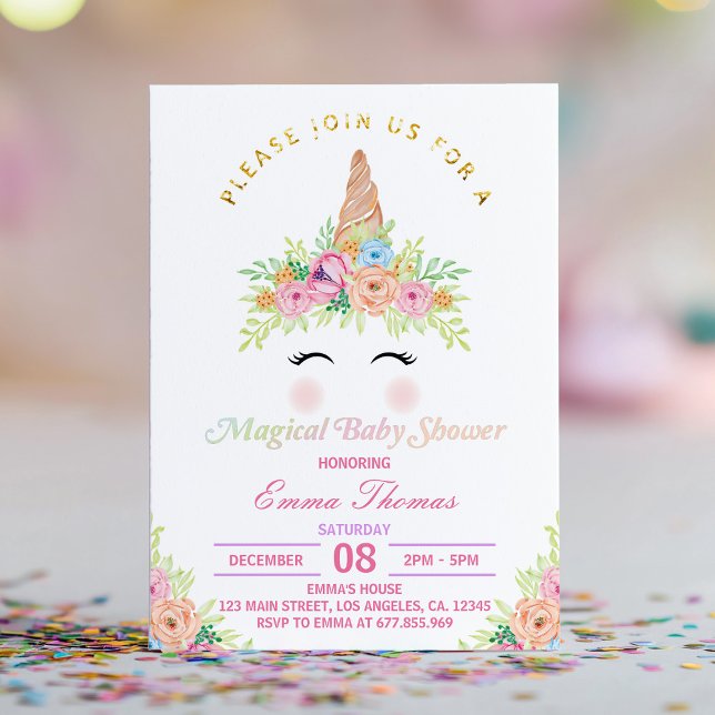 Invitation de Baby shower magique Unicorne florale (Créateur téléchargé)