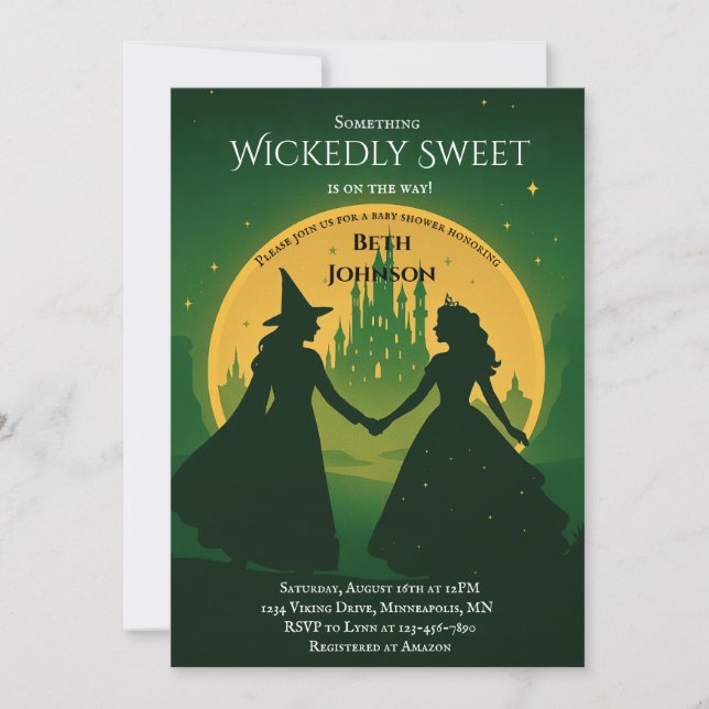 Invitation de Baby shower méchant | Elphaba et Gli (Devant)