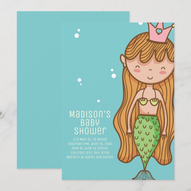 Invitation de Baby shower mignonne de sirène (Devant / Derrière)